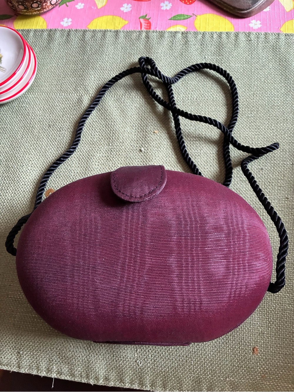 Whiting & Davis Plum Oval Crossbody Clutch with Black Rope Strap